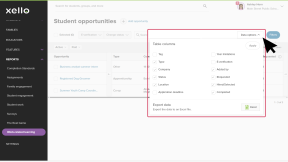 Student opportunities report is open. The cursor is clicking the Data options menu where you can select table columns or export the data to an Excel sheet.